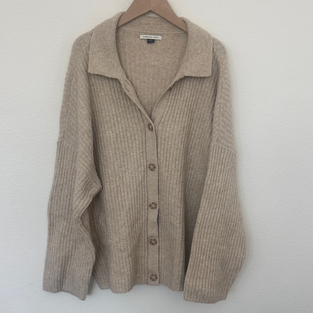 American Eagle Outfitters Beige Ribbed Button-Up Cardigan